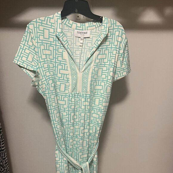 Elizabeth McKay ShiftDress Size L Off-White Blue Green Print Short Sleeve - Picture 1 of 5